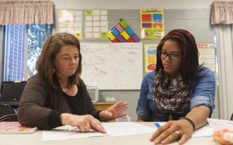 a professor coaches a student on teaching techniques