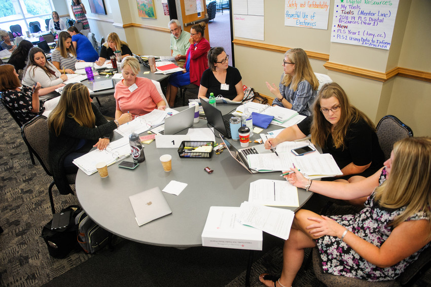 Teachers participate in a workshop training teacher mentors