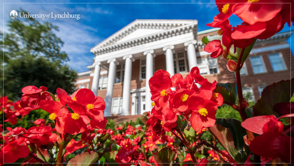 Red flowers in front of Hopwood Hall