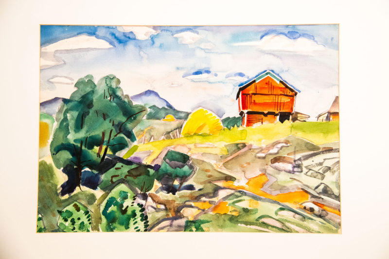 Painting by Pierre Daura, "Red Barns and Haystack."