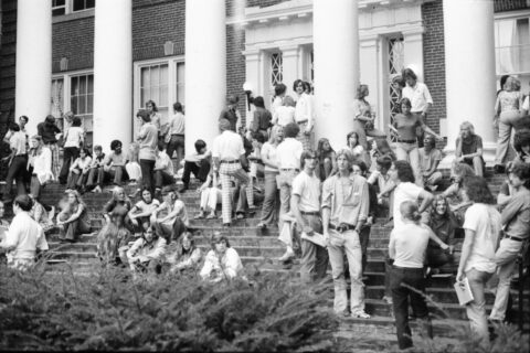 A large group of students on the steps of Hopwood Hall.