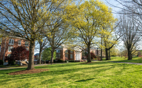 Hall Campus Center and Dell spring