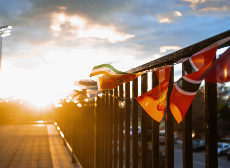 small national flags on a railing at sunset