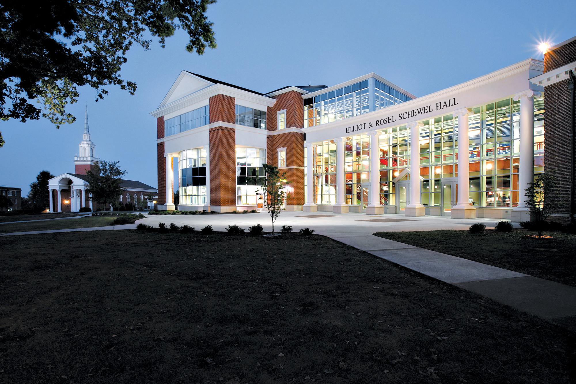 Schewel Hall at night