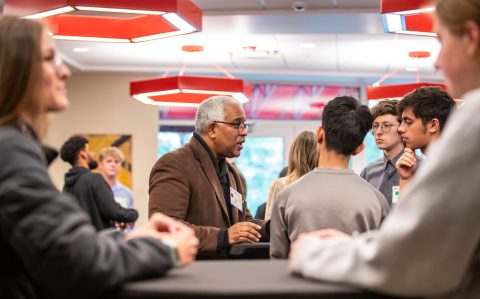 Nat Marshall ’83, a member of the University’s board of trustees, networks with students at “Conversation Starters,” a new Westover Alumni Weekend program launched by Lynchburg’s Center of Career Engagement Opportunities, or CEO.