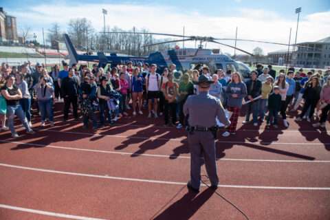 A VSP trooper talks to Lynchburg criminology students about the forensic helicopter