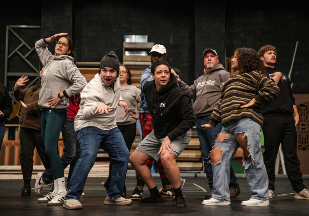 Samira Gharavi-Nouri ’26 (far left) rehearses for “A Funny Thing Happened on the Way to the Forum” in the winter of 2025.