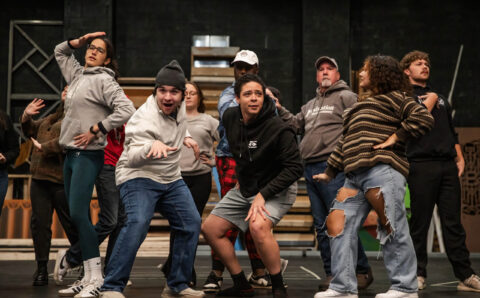 Samira Gharavi-Nouri ’26 (far left) rehearses for “A Funny Thing Happened on the Way to the Forum” in the winter of 2025.