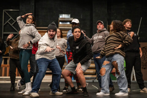 Samira Gharavi-Nouri ’26 (far left) rehearses for “A Funny Thing Happened on the Way to the Forum” in the winter of 2025.