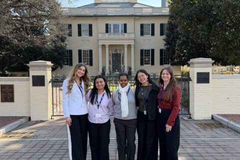 Pictured in front of the Executive Mansion in Richmond (left to right) are Susanna Shedd ’27, Jenny Moran Serrano ’27, Feker Fetene of Emory & Henry University, Camila Condado ’28, and Ashby Watts ’28.