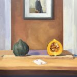 Still life with melon halves and a playing card