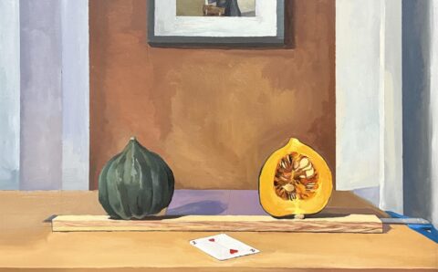 Still life with melon halves and a playing card