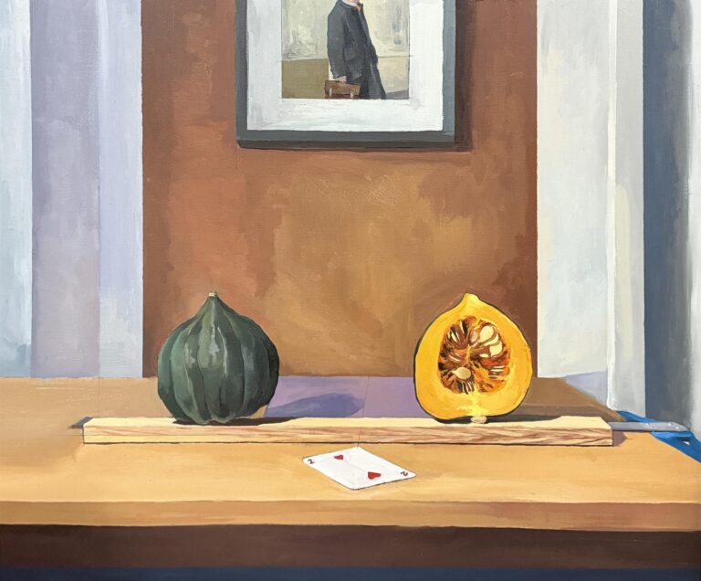 Still life with melon halves and a playing card