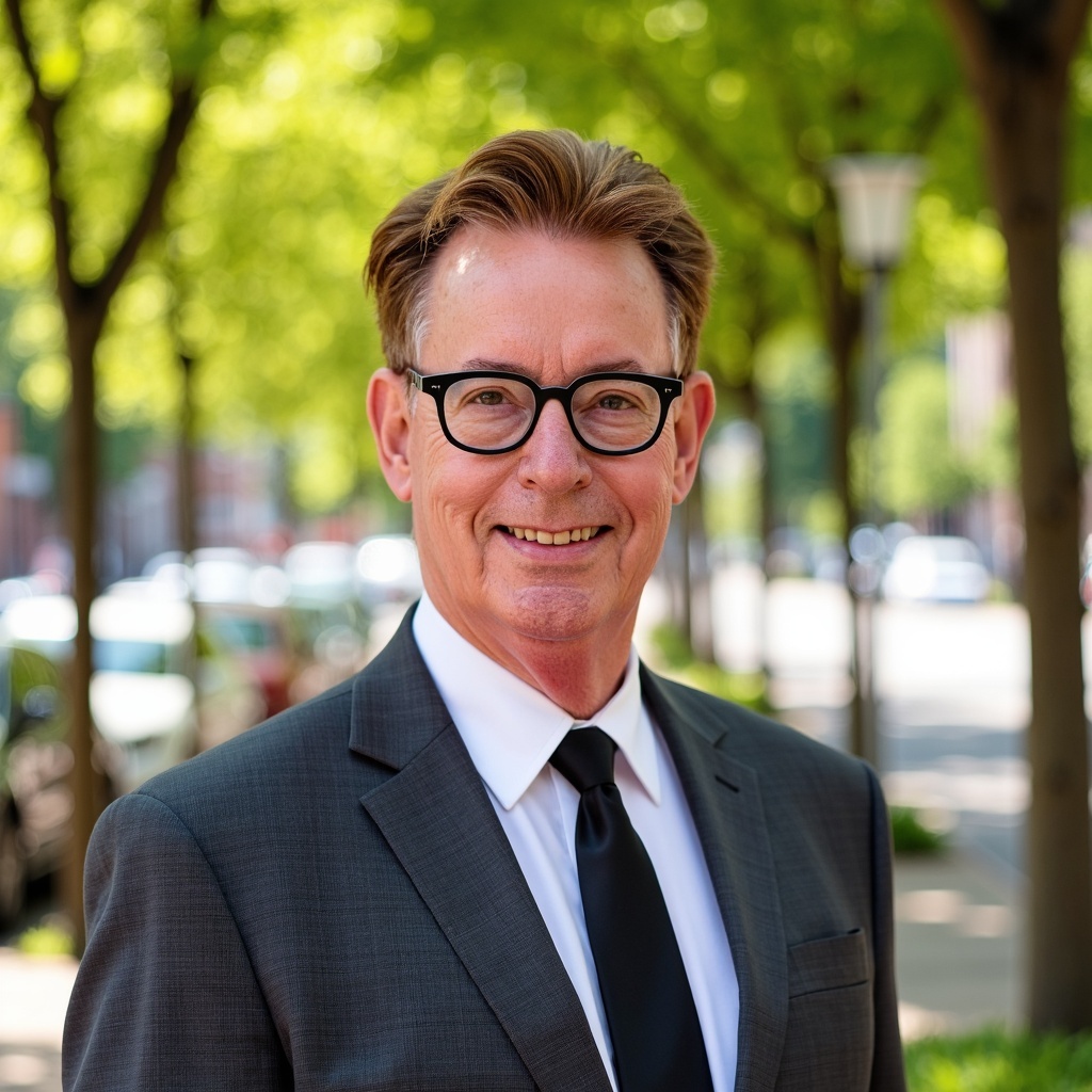 A picture of alumnus Dr. Ralph Elliott, a man in a gray suit and black tie stands in the foreground of a picture with sunlit trees behind him.