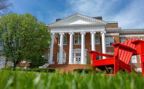 Hopwood Hall and red chair