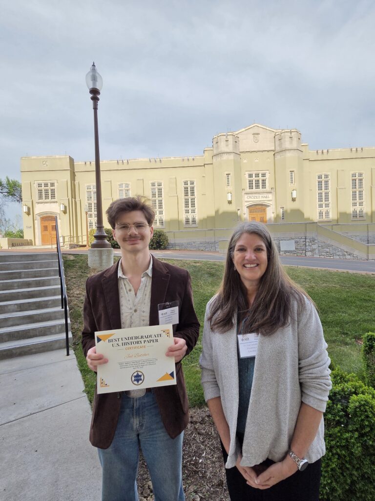 Joel Butcher ’26 (left) poses for a photo at VMI with Dr. Lisa Crutchfield.