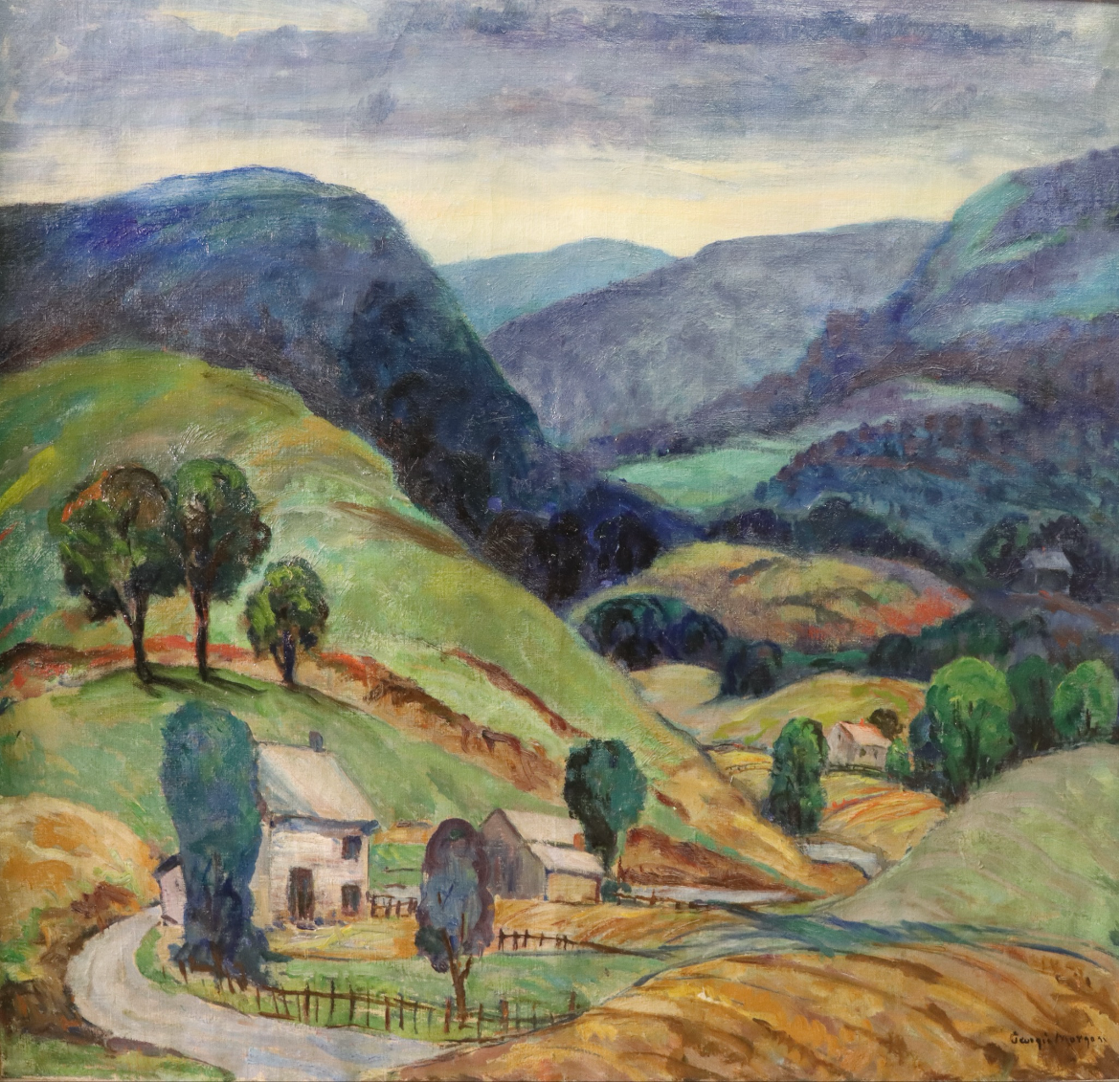 Colorful landscape painting of rolling hills, trees, and small houses, representing how to be creative through artistic expression and imagination.