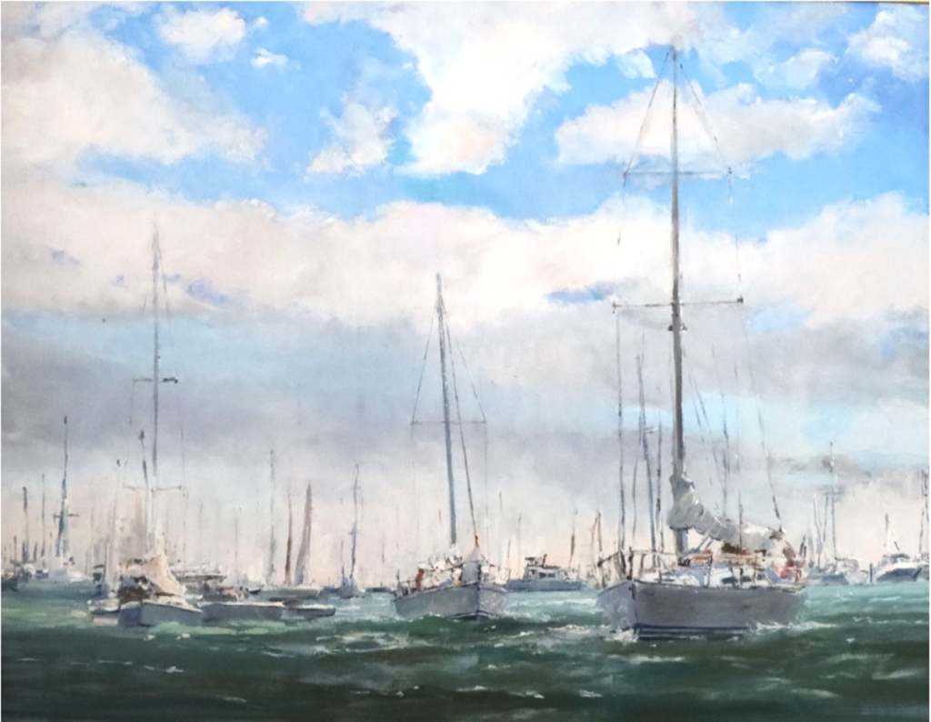 Painting of sailboats on the water beneath a bright sky, illustrating how to be creative by exploring new perspectives and visual inspiration.