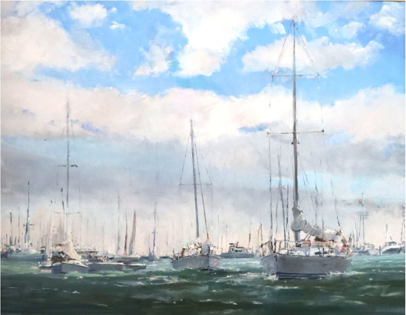 Painting of sailboats on the water beneath a bright sky, illustrating how to be creative by exploring new perspectives and visual inspiration.