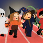 A cartoon image of children wearing halloween costumes.