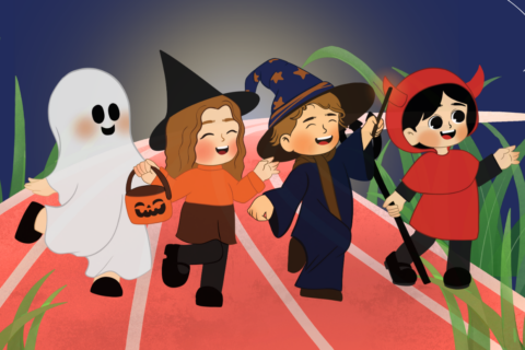 A cartoon image of children wearing halloween costumes.