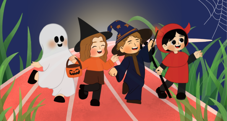 A cartoon image of children wearing halloween costumes.