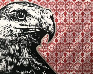 Native American printmaking of hawk on red and white background