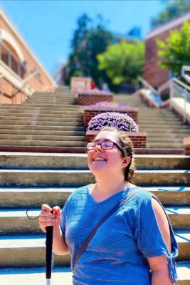 Victoria Hauck on the steps of Drysdale Student Center