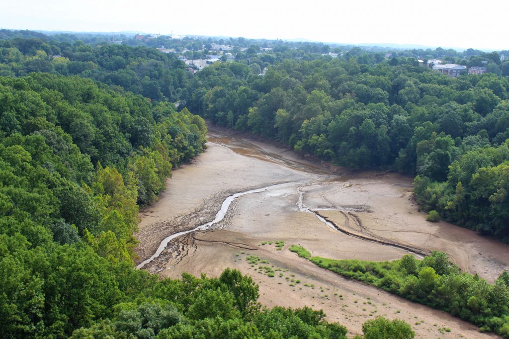 Muddy lake bed, seen from above. A creek has already carved a channel through the former lake bed.