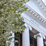 Building with white columns and blossoming tree