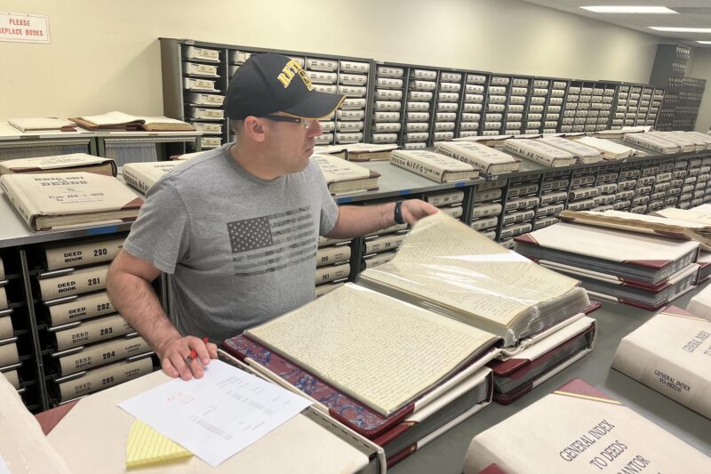 Mike Muñoz researches Historic Sandusky deeds at the Campbell County Courthouse. He’s been compiling deeds to figure out the property’s complicated chain of title from 1818-1842.