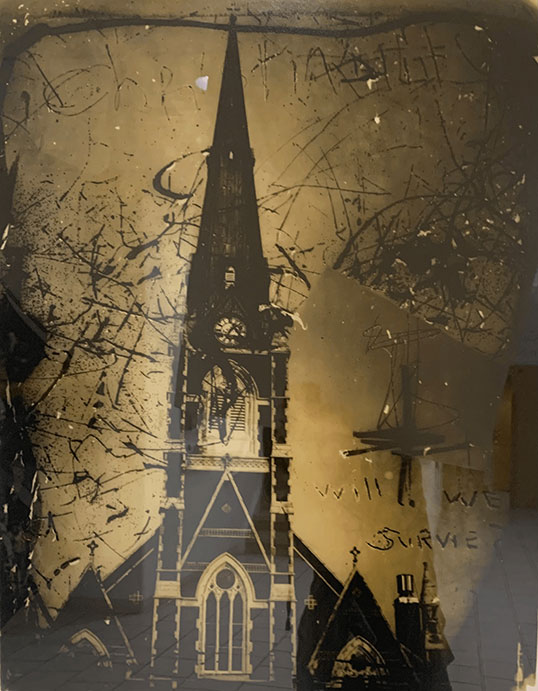 The silhouette of a church steeple with the words "we will survie?" written on it.