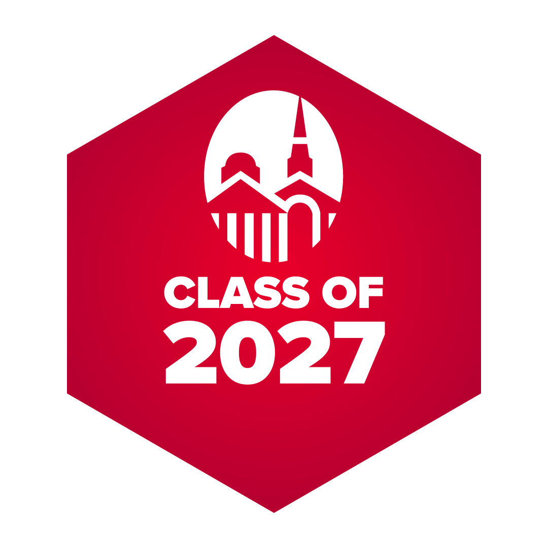 A red hexagon with the following text that keeps looping: Class of 2027, followed by the University of Lynchburg logo.