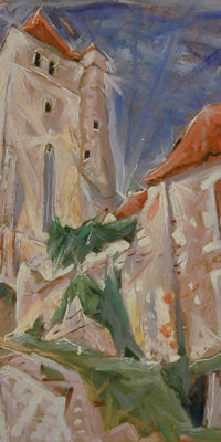 Pierre Daura, “Church at St. Cirq” Oil on Canvas, 1955-65. Gift of Martha R. Daura