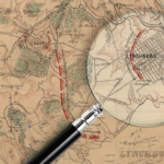 a photo illustration showing a magnifying glass laid on a historic map of the battle of Lynchburg