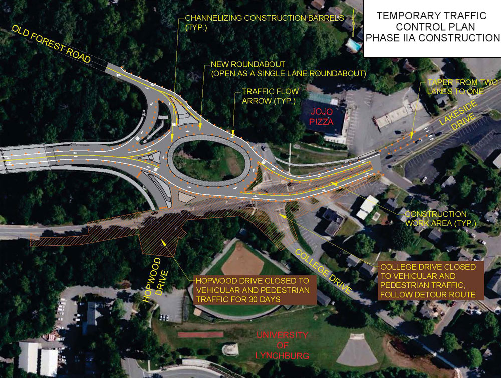 A map explaining the new traffic pattern and detour in front of the University of Lynchburg's main entrance.