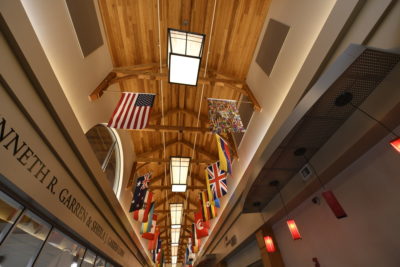International flags line the alcoves of Drysdale Student Center.